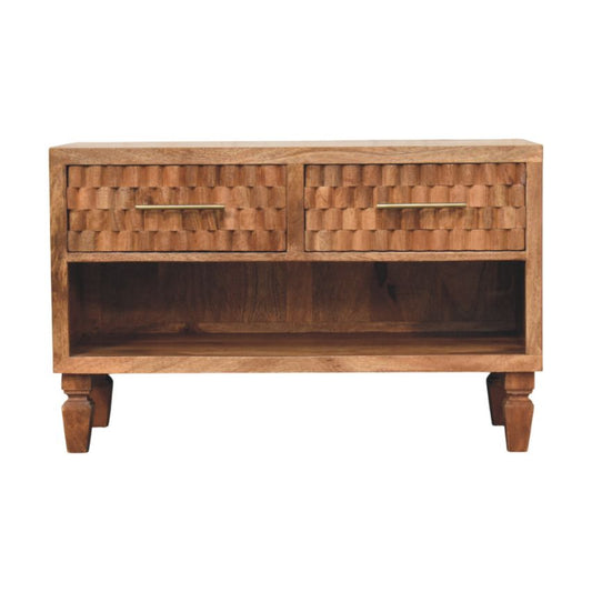 Wooden shoe cabinet with woven design and two drawers on a white background