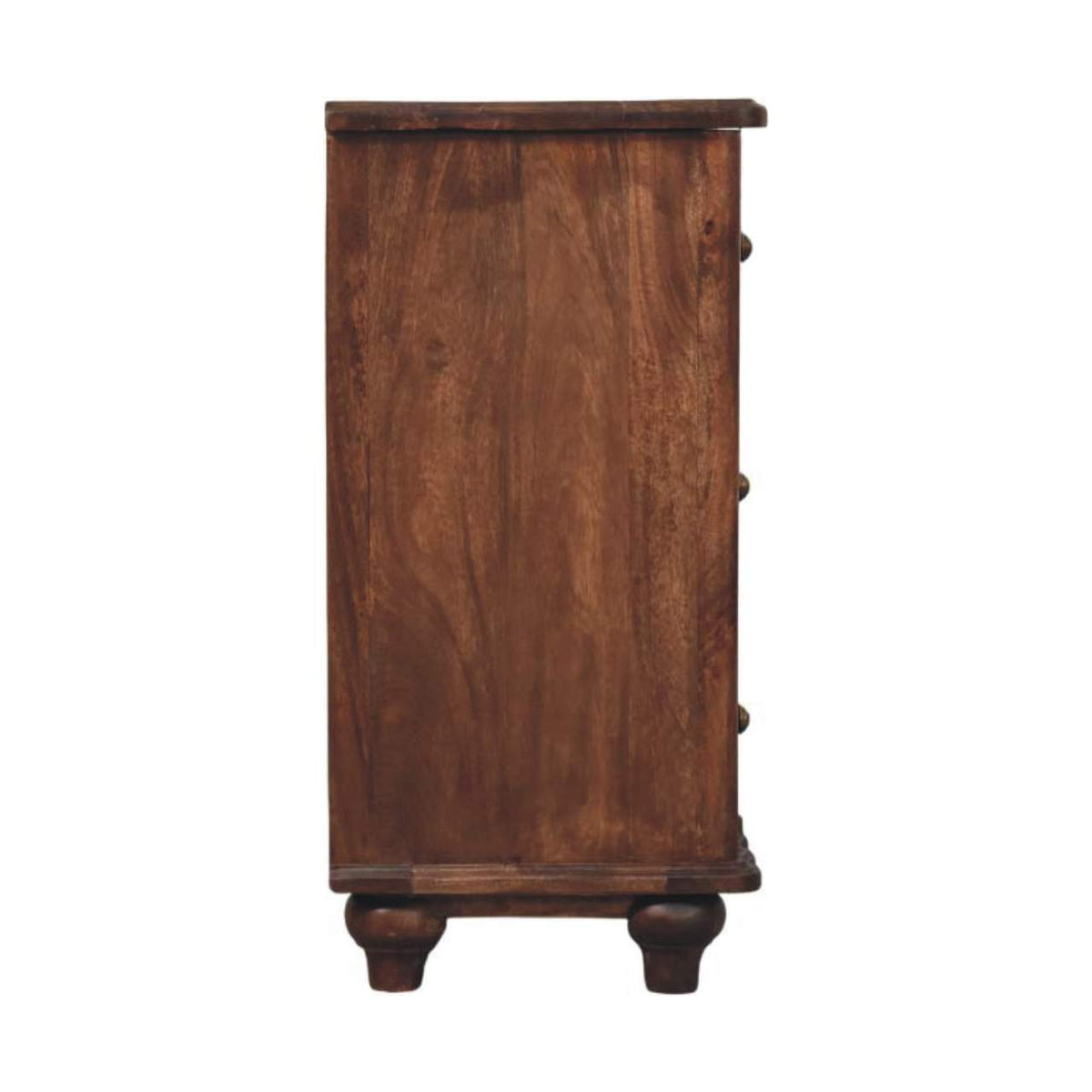 Straight-on side profile view of a panelled solid mango wood chest displaying the flat side panel and roasted almond finish.