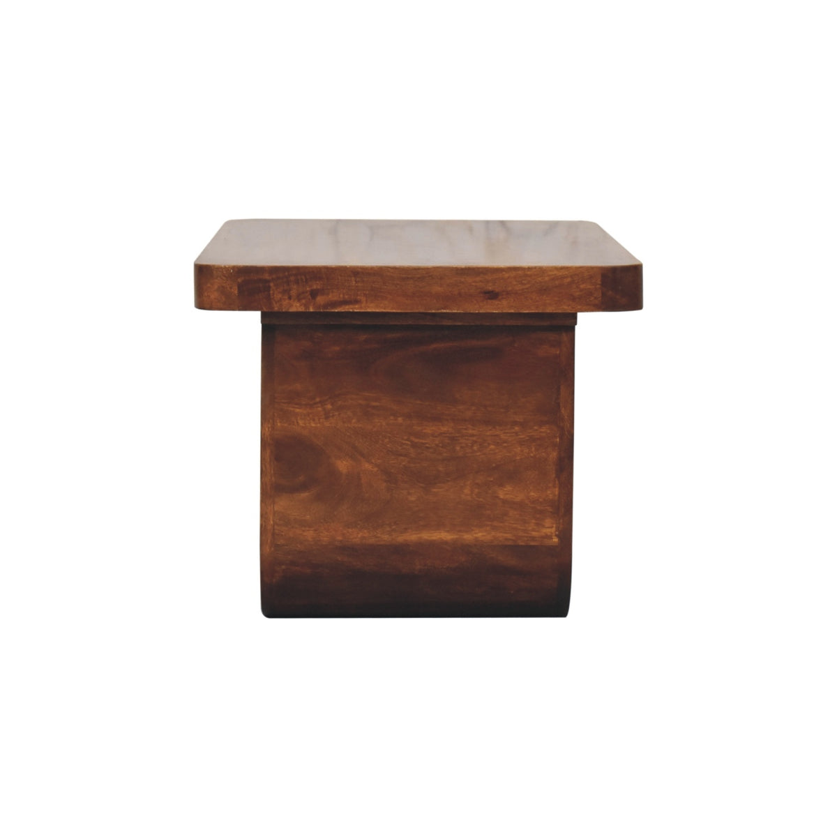 Straight-on side profile view of a chunky solid mango wood coffee table in chestnut, showing the flat outer surface of the U-shaped leg.