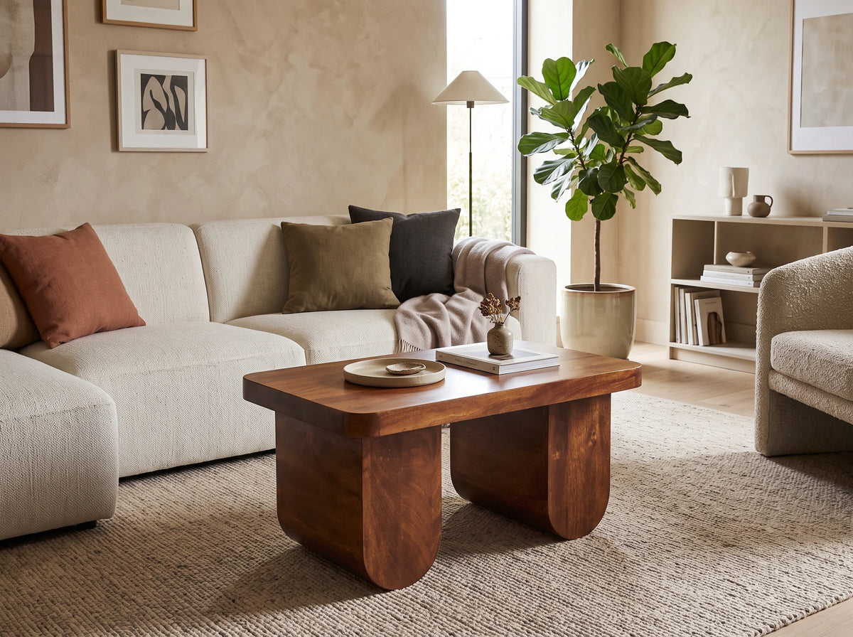 A solid mango wood chunky coffee table in a chestnut finish, styled in a warm living room in front of a textured cream sofa.