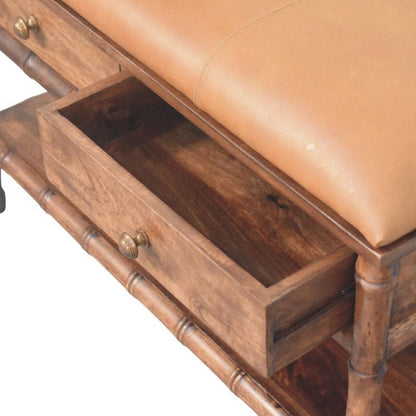 Wooden bench with leather seat and open drawer on a white background