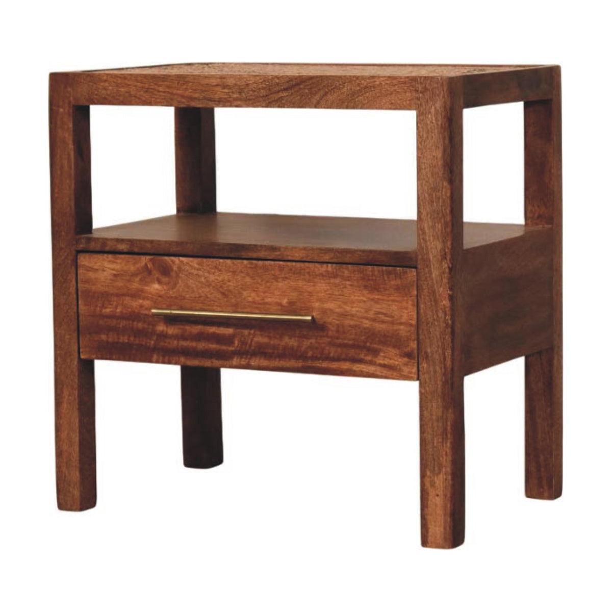 Angled left perspective of a honey caramel finish bedside table made from solid mango wood with a woven rattan top.