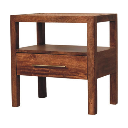 Angled left perspective of a honey caramel finish bedside table made from solid mango wood with a woven rattan top.