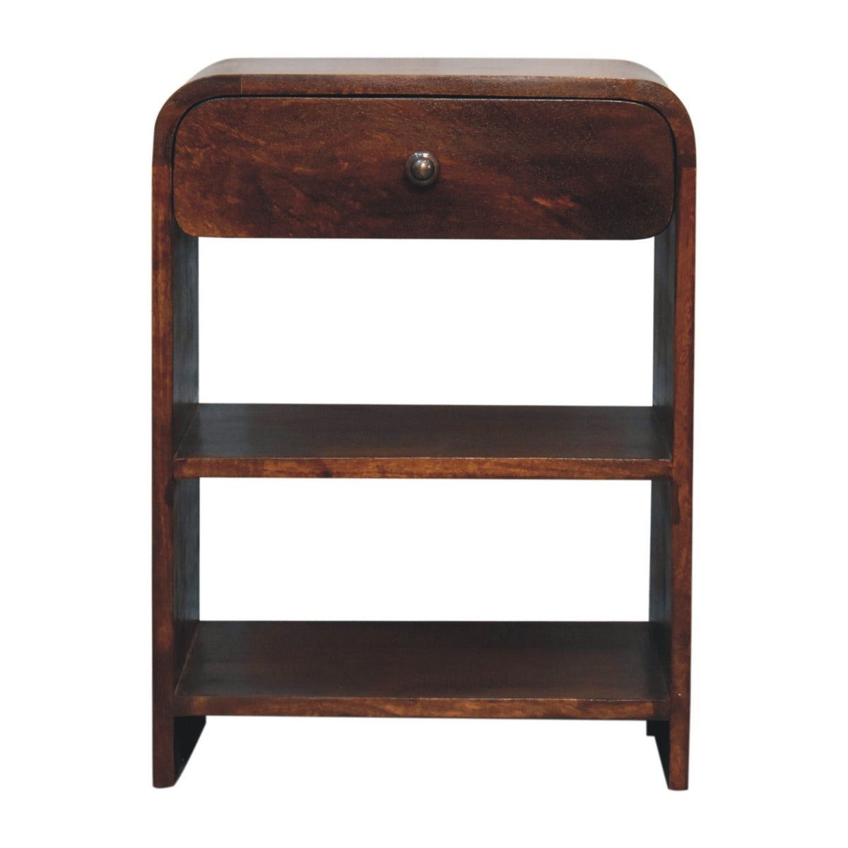 Front view of a solid mango wood bedside table in a chestnut finish, featuring a curved top, one drawer with a metal knob, and two open lower shelves.
