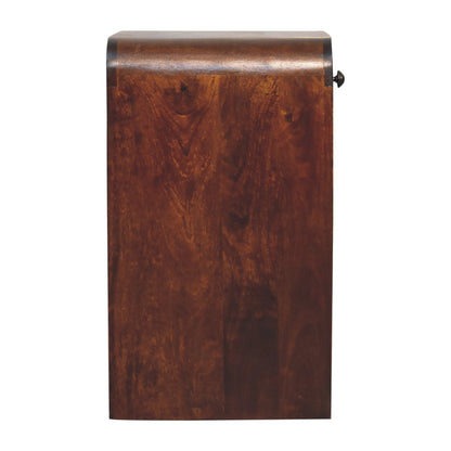 Straight-on side profile view of an open bedside table in chestnut, displaying the solid mango wood side panel and curved top edge.