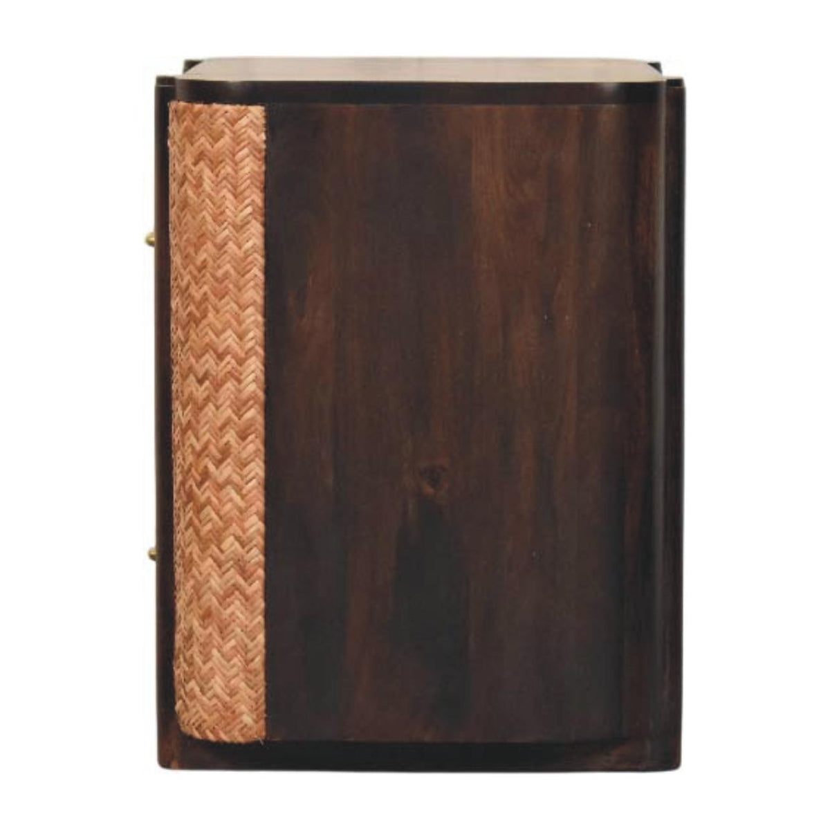 Straight-on side profile view of a velvet mocha bedside table, showcasing the continuous woven rattan texture covering the side panel between two solid wood posts.