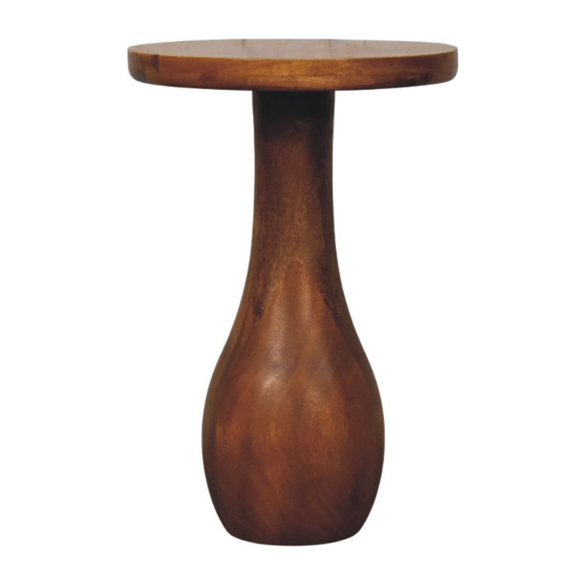 Wooden side table with a round top on a white background