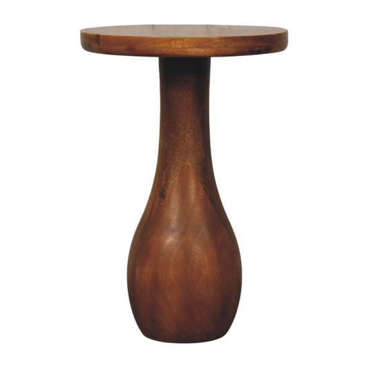 Wooden side table with a round top on a white background
