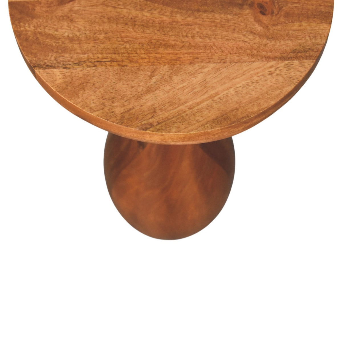 Wooden side table with a round top and cylindrical base on a white background