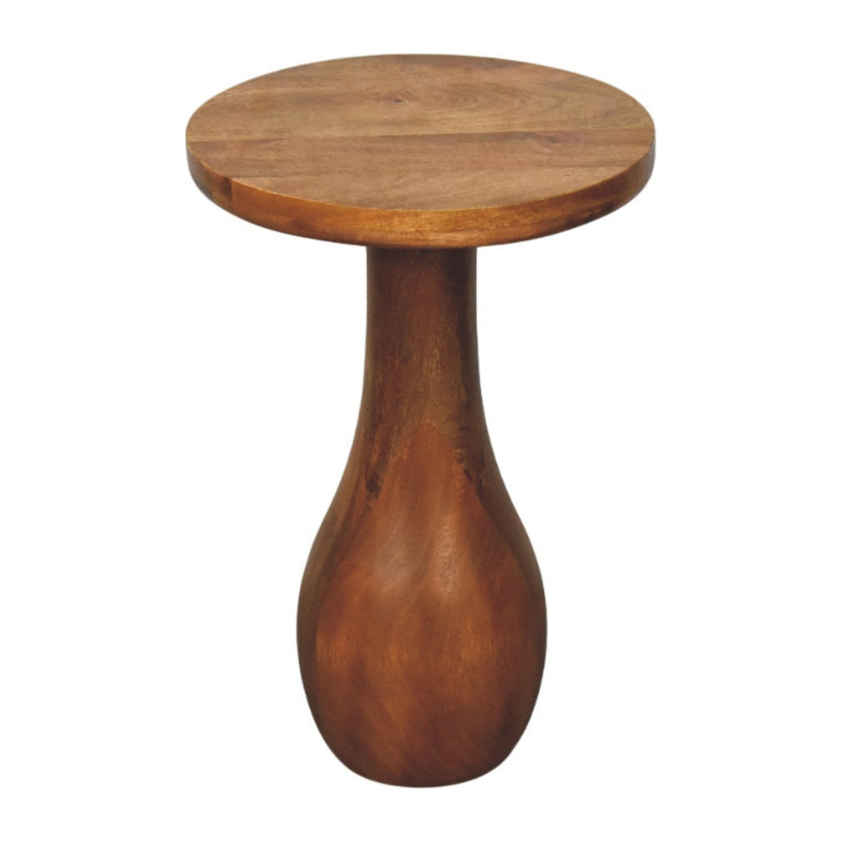 Wooden side table with a round top and tall cylindrical base on a white background