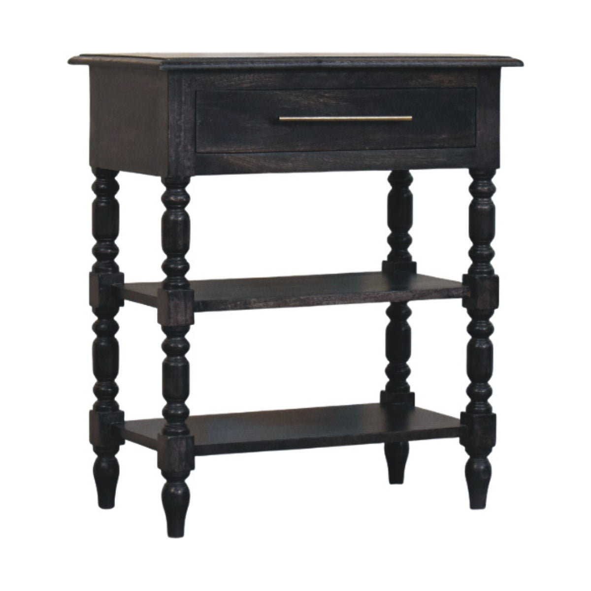 Angled right view of a 1-drawer turned-leg side table made of solid mango wood in a dark carbon ash finish.