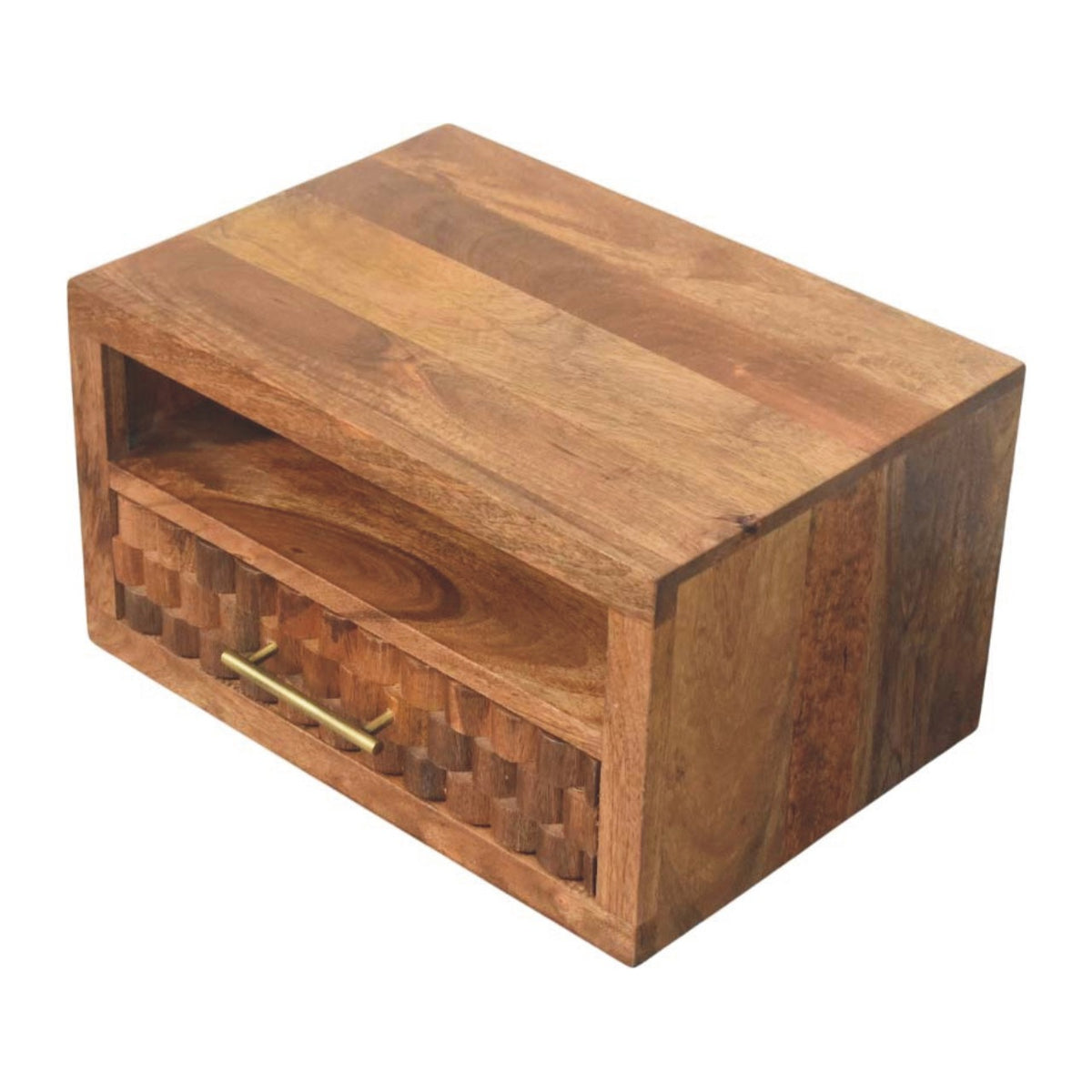 Elevated angled view showing the smooth solid wood top surface and open storage shelf of the golden teak floating nightstand.