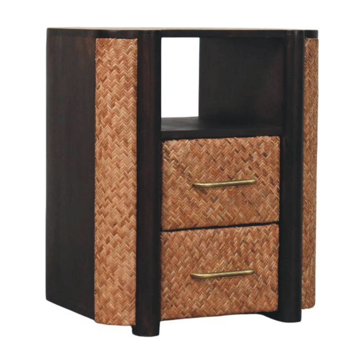 Angled left perspective of a woven 2-drawer bedside table, showing the dark velvet mocha wood frame and textured woven front panels.