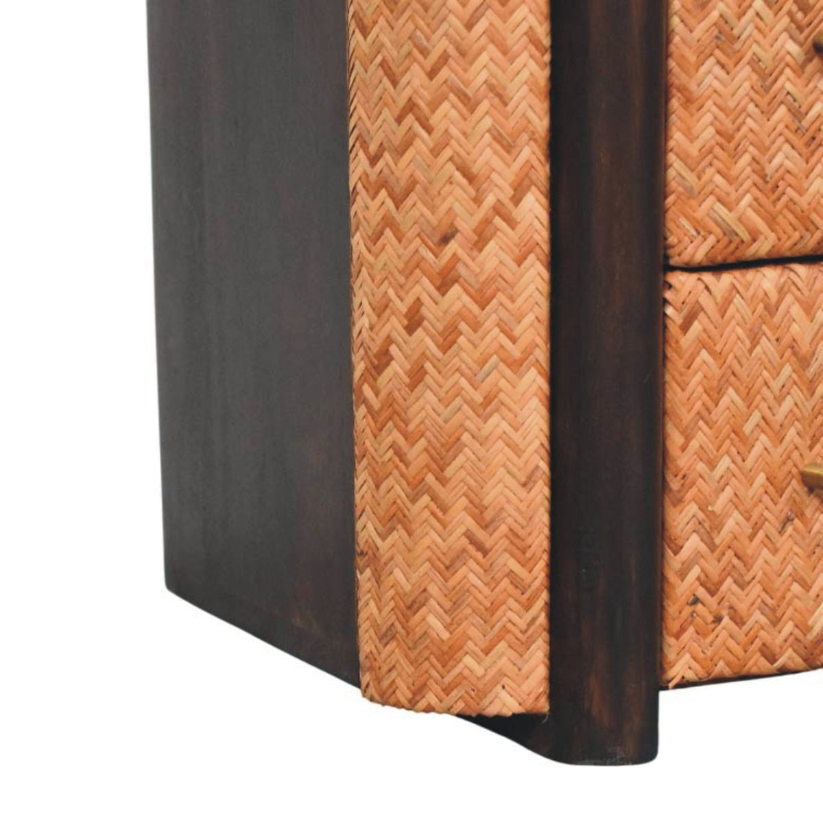 Close-up detail of the bottom corner of a velvet mocha bedside table, showcasing the solid wood side panel and woven rounded front pillar.