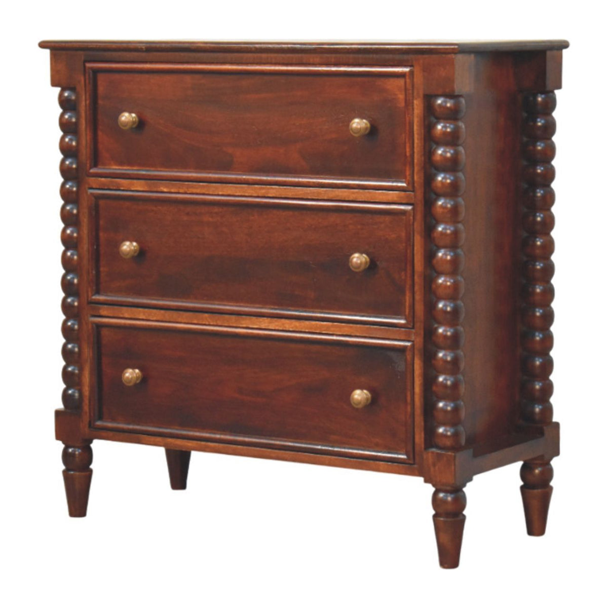 Angled left perspective of a Winewood Oak spindle chest, showcasing the three drawers and the full length of the turned spindle side columns.