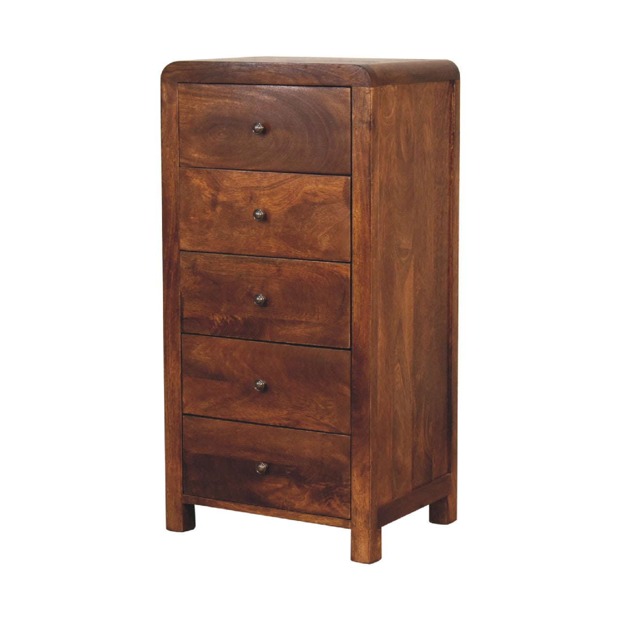 Right angle view of Tallboy in chestnut mango wood