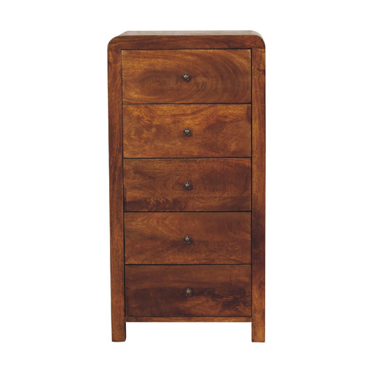 Front view of Tallboy in solid mango wood with chestnut finish