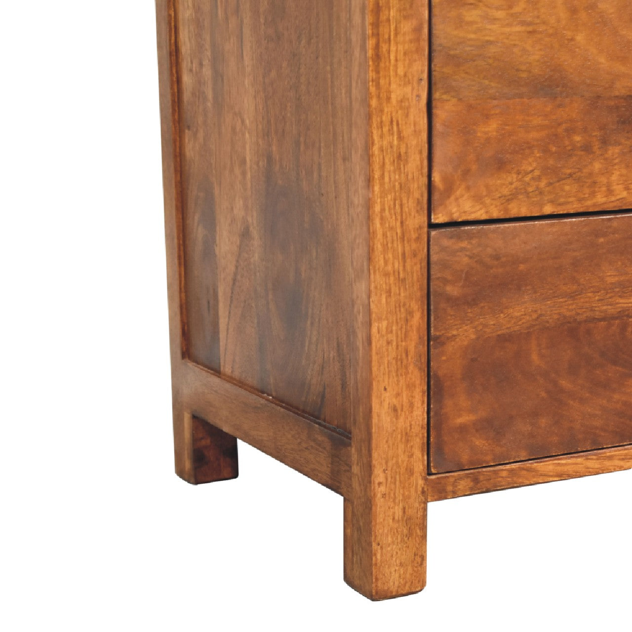 Close-up of Tallboy legs in solid mango wood with chestnut finish