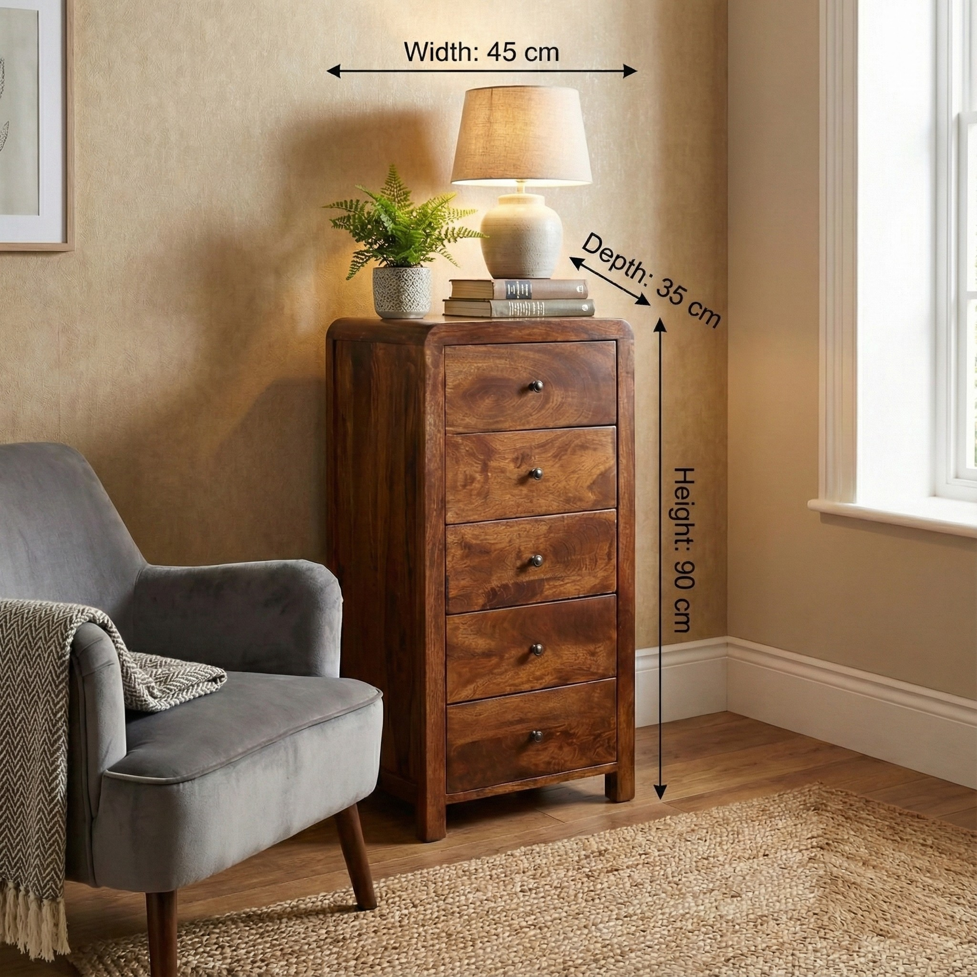 Tallboy with dimensions: 90 cm height, 45 cm width, 35 cm depth