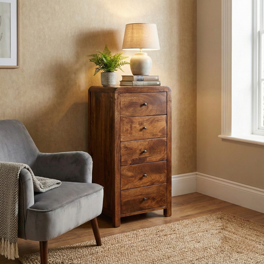 Tallboy in solid mango wood with chestnut finish styled in a home interior