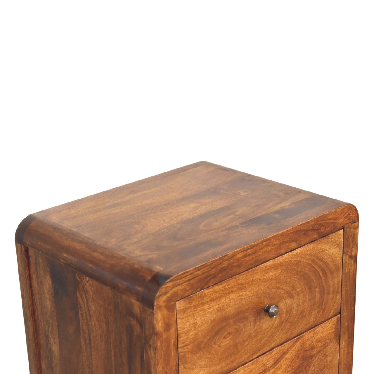 Top view of Tallboy showing mango wood surface and chestnut finish
