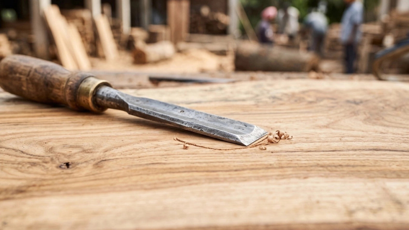 Close-up of a chisel resting on solid mango wood – The Artisan Edit craftsmanship