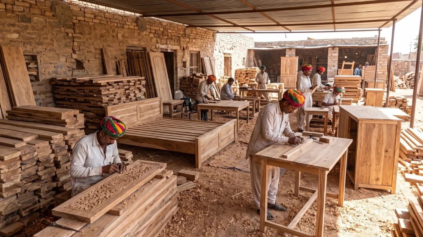 Artisan workshop crafting solid mango wood furniture in Rajasthan, India – The Artisan Edit