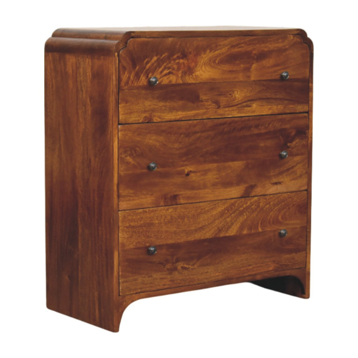 Wooden dresser with three drawers on a white background
