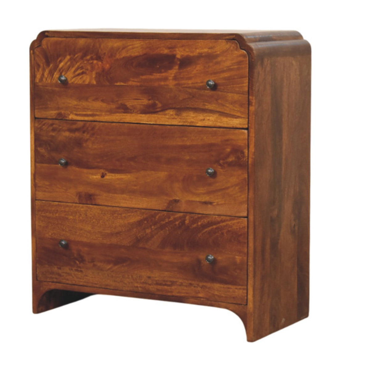 Wooden dresser with three drawers on a white background