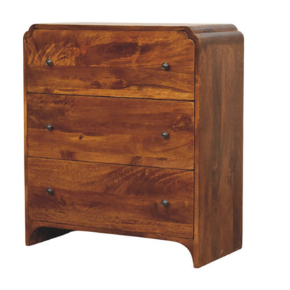 Wooden dresser with three drawers on a white background