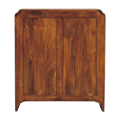 Wooden dresser with a warm brown finish on a white background