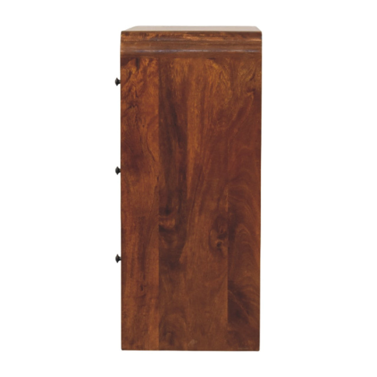Wooden dresser with a brown finish on a white background