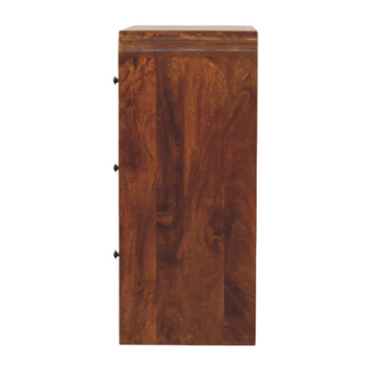 Wooden dresser with a brown finish on a white background