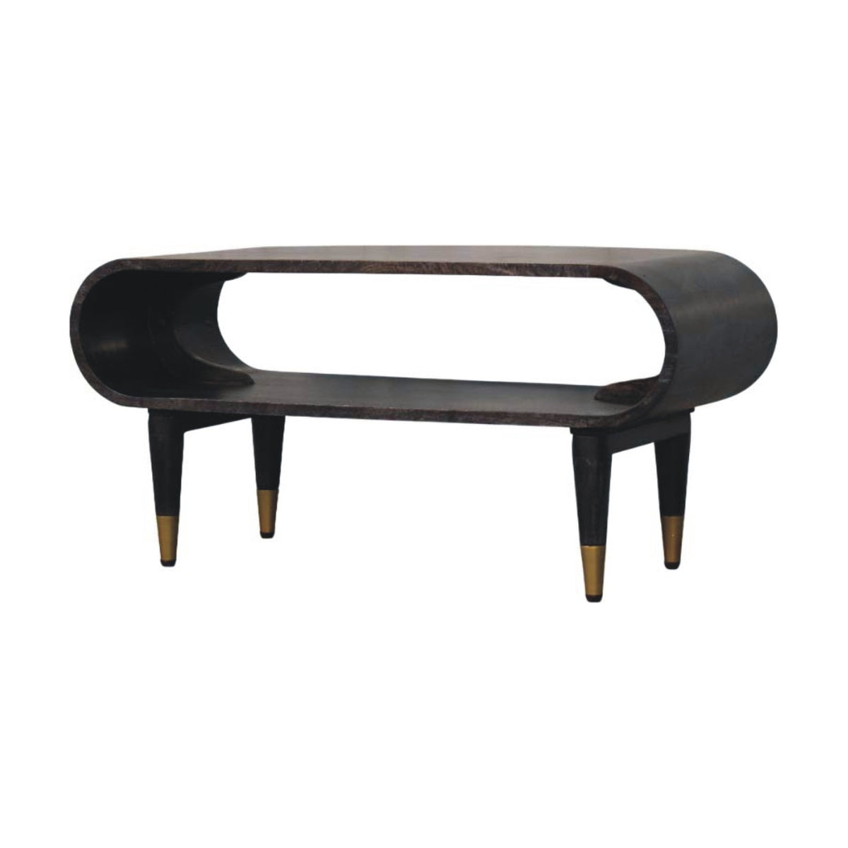 Modern black media console with curved design on a white background