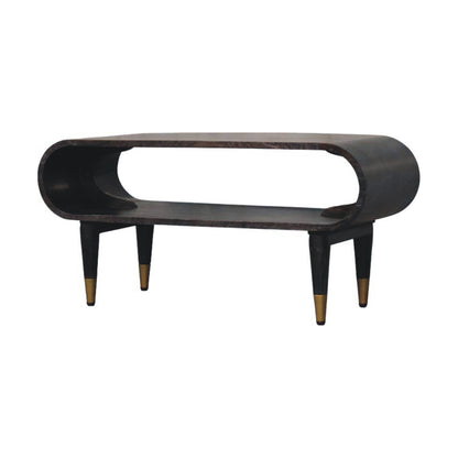 Modern black media console with curved design on a white background