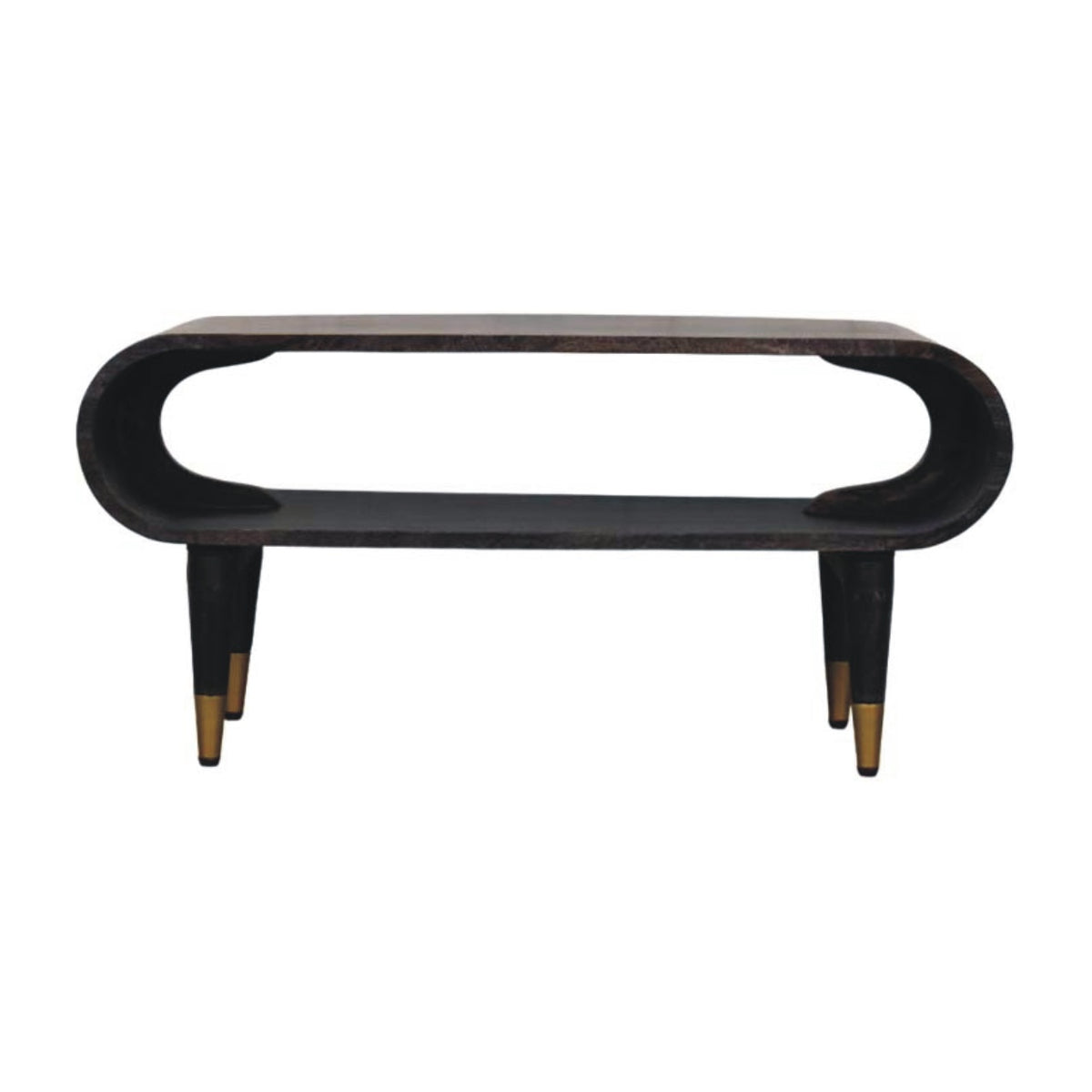 Modern black media unit with curved design on a white background