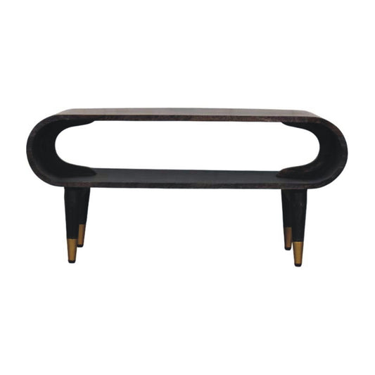 Modern black media unit with curved design on a white background