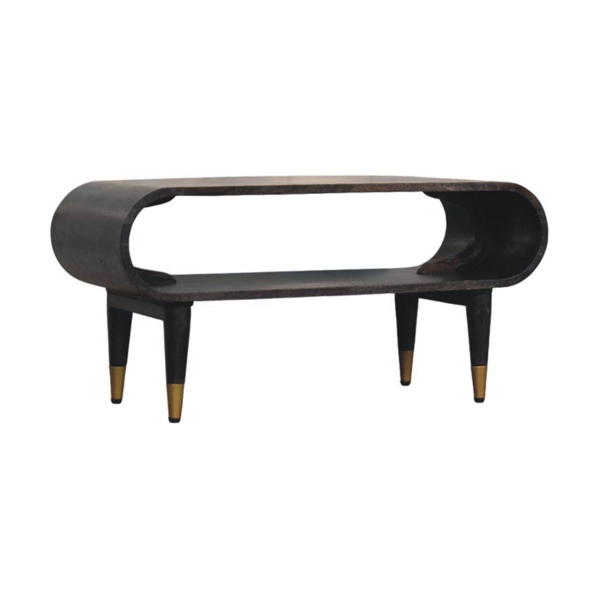 Modern black media console with curved design on a white background