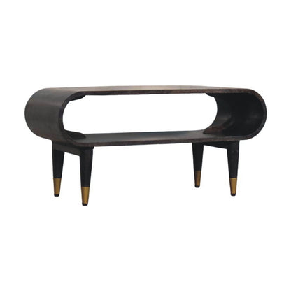 Modern black media console with curved design on a white background
