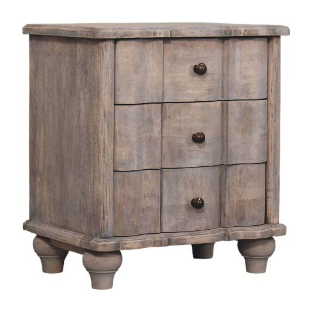 Wooden nightstand with three drawers on a white background