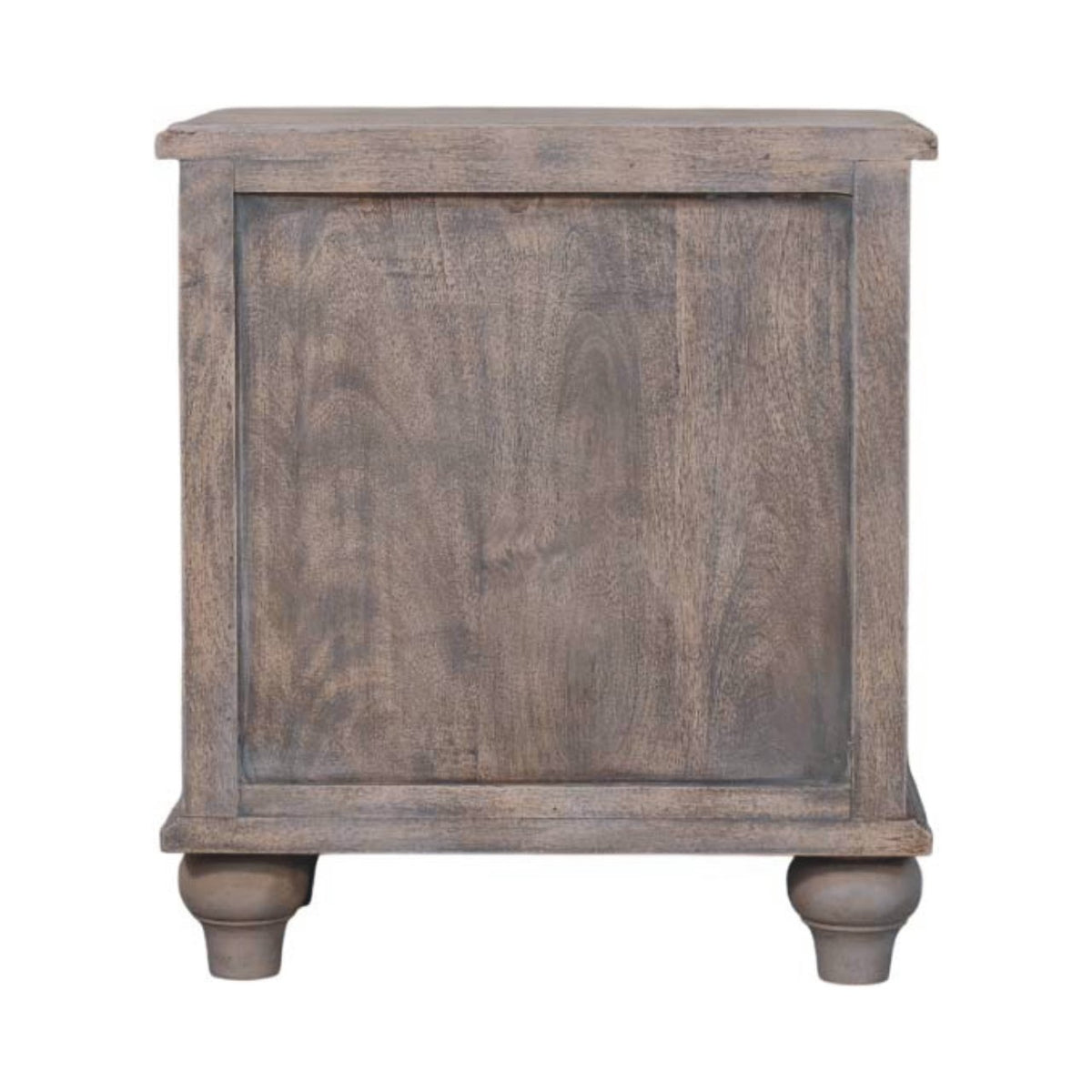 Wooden bedside table with a distressed finish on a white background