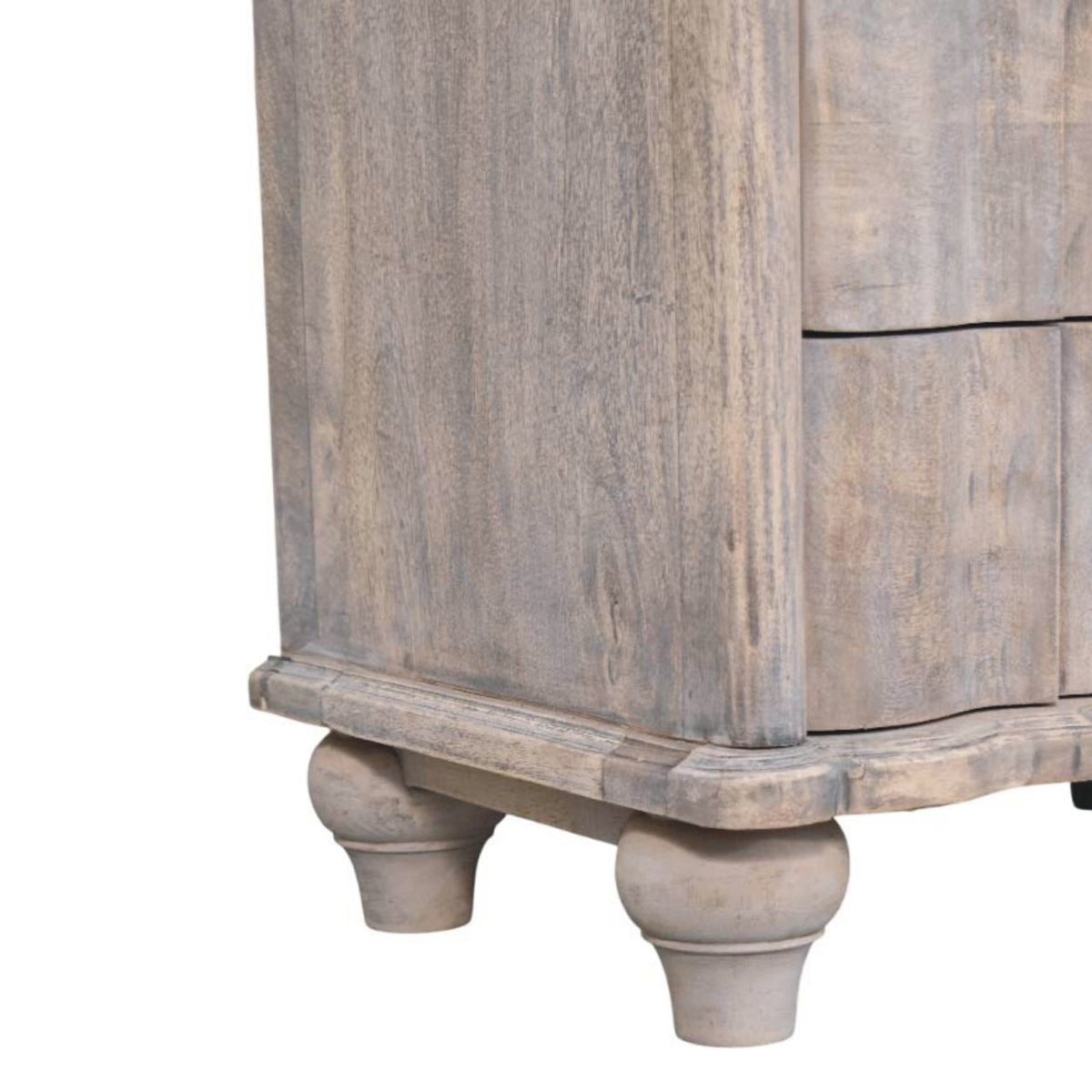 Wooden nightstand with rounded corners and legs on a white background