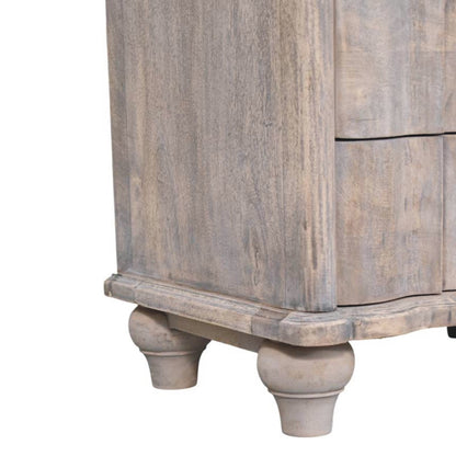 Wooden nightstand with rounded corners and legs on a white background