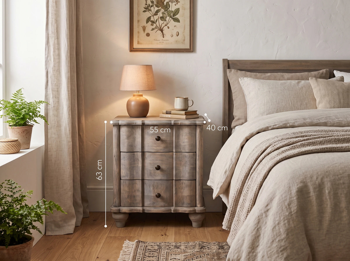A rustic, weathered gray wooden nightstand with measurements in a cozy bedroom setting, styled with a lit table lamp, a small stack of books, and a white mug. The nightstand is positioned next to a neatly made bed with beige linens, under a framed botanical print on a textured off-white wall.