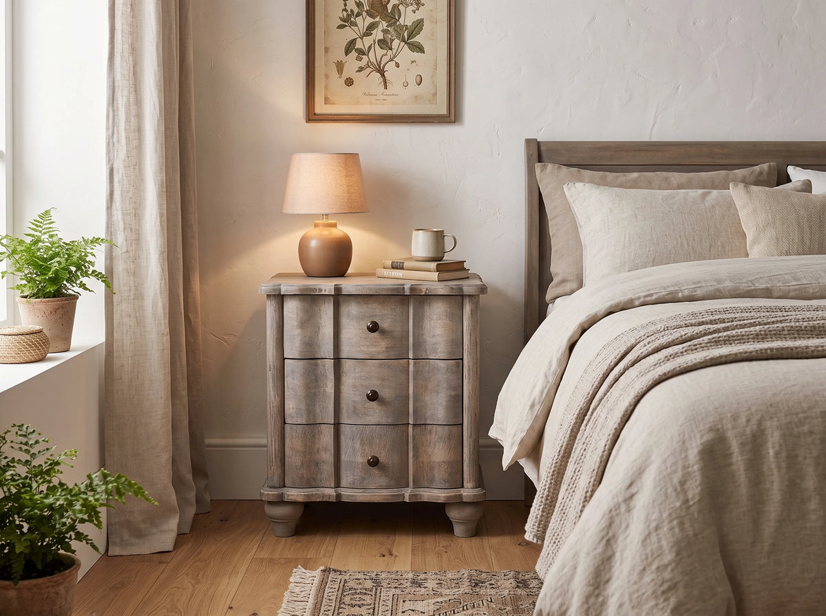 A rustic, weathered gray wooden nightstand in a cozy bedroom setting, styled with a lit table lamp, a small stack of books, and a white mug. The nightstand is positioned next to a neatly made bed with beige linens, under a framed botanical print on a textured off-white wall.