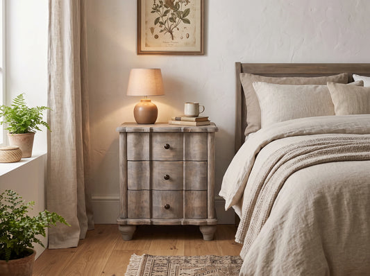 A rustic, weathered gray wooden nightstand in a cozy bedroom setting, styled with a lit table lamp, a small stack of books, and a white mug. The nightstand is positioned next to a neatly made bed with beige linens, under a framed botanical print on a textured off-white wall.