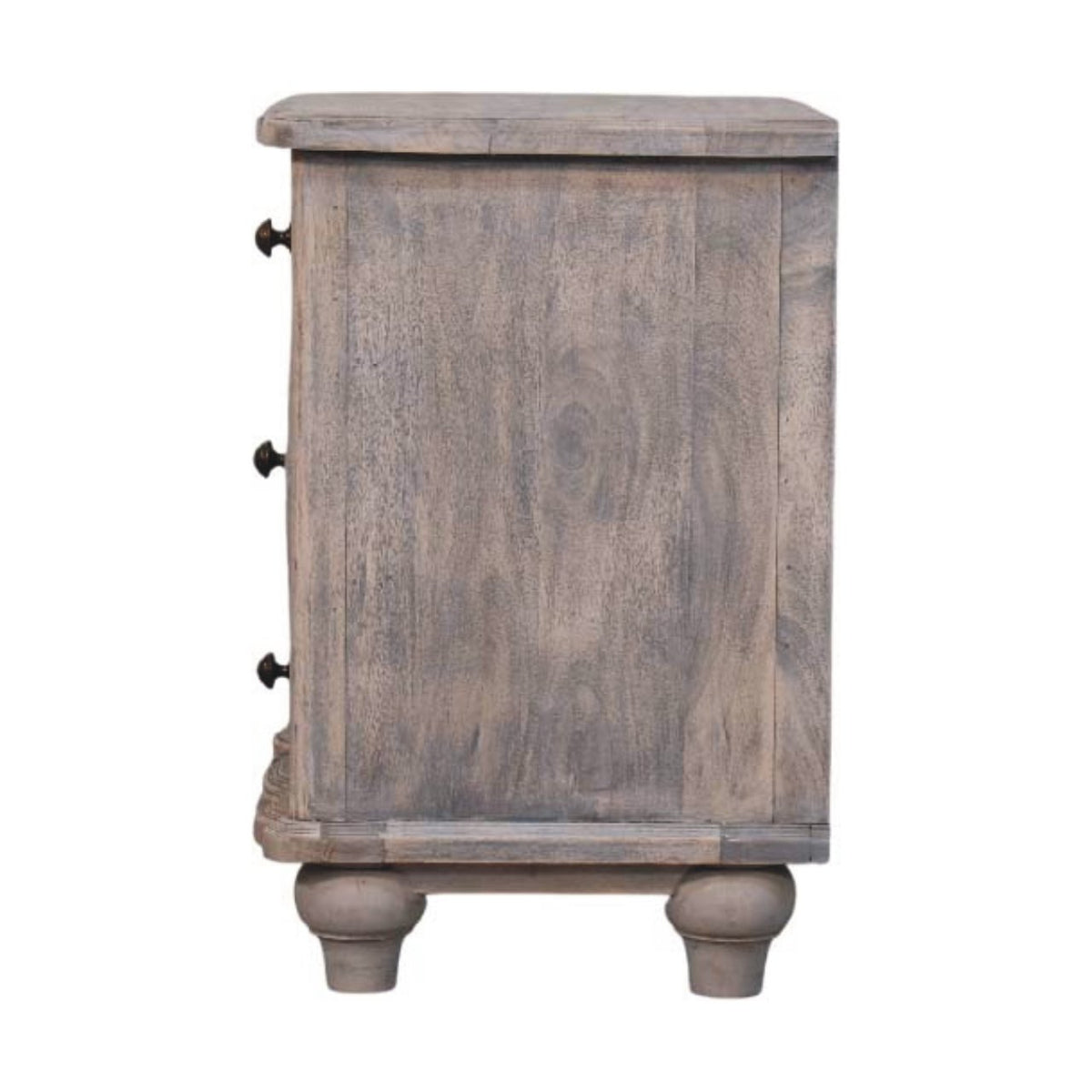 Wooden bedside table with a distressed finish on a white background