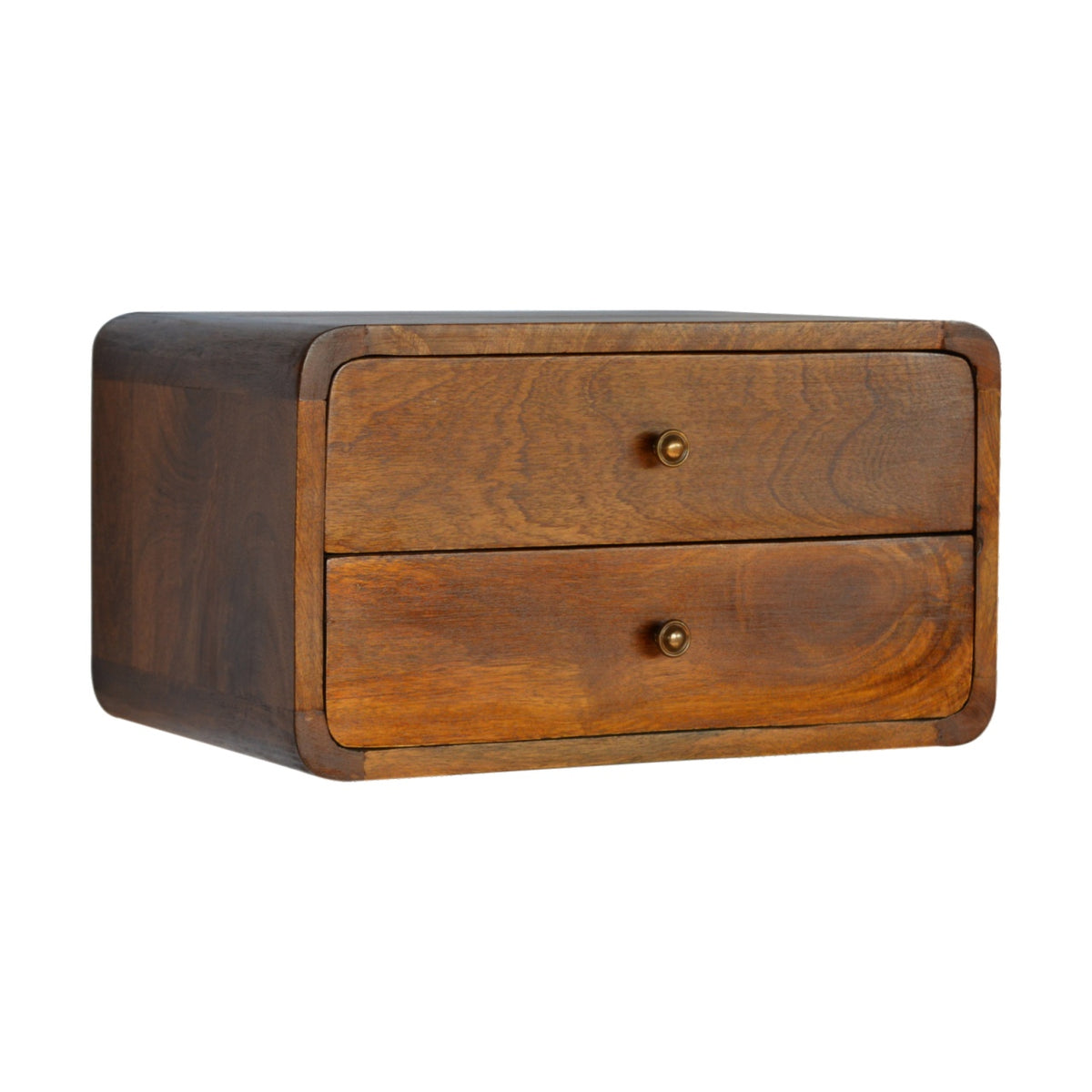 Floating Curved Mango Wood Bedside Table in chestnut finish on a white background 