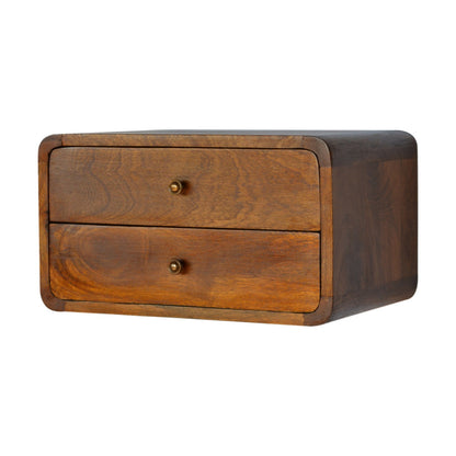 Floating Curved Mango Wood Bedside Table in chestnut finish on a white background 