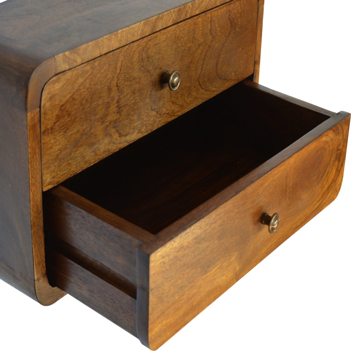 Wooden bedside table with open drawer on a white background